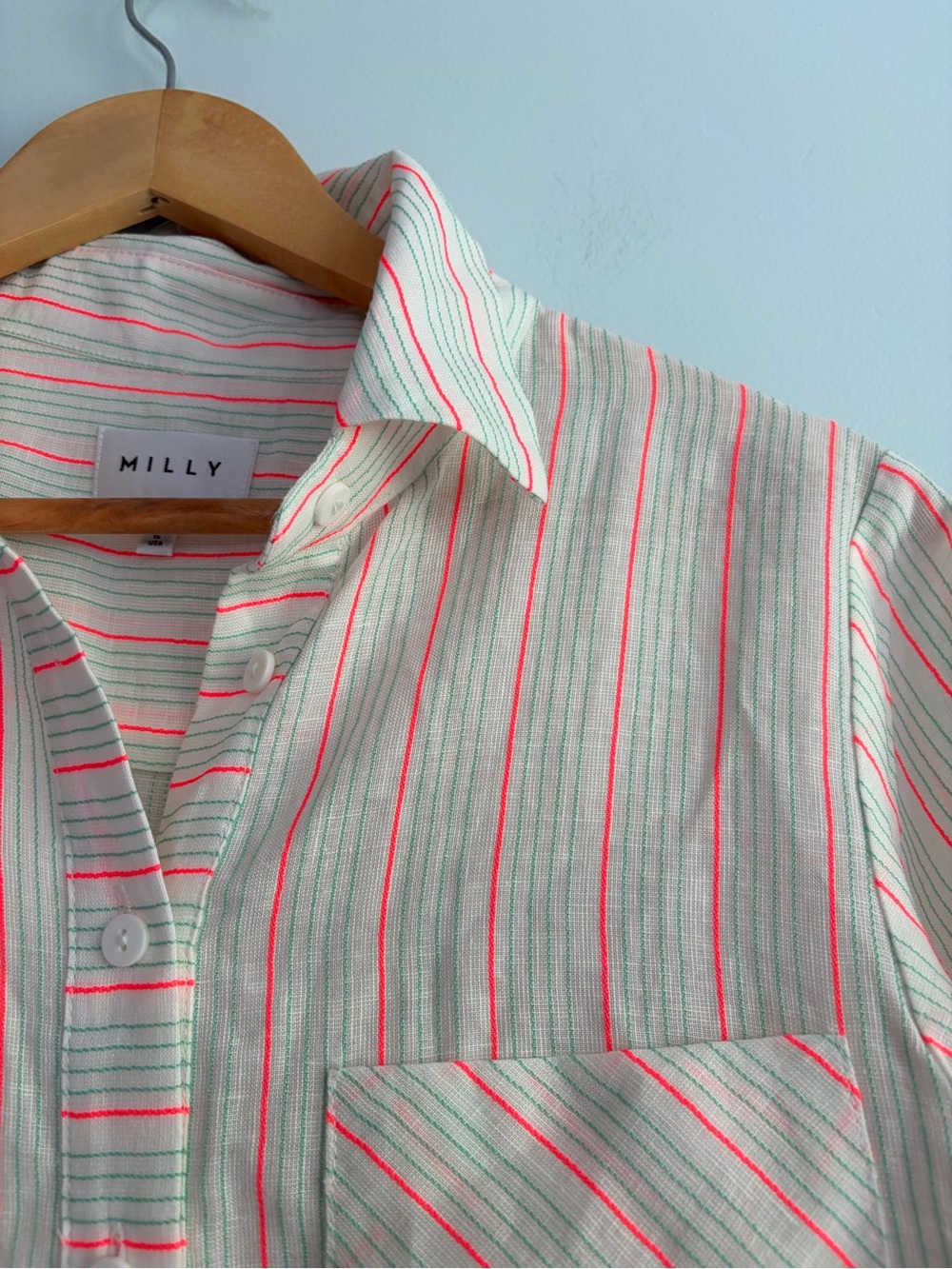 Milly Linen Button Front Shirt Dress Coverup Cream Neon Coral Green XS - Picture 3 of 14